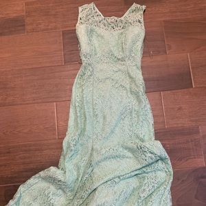 a Mint, lace, sparkly, semi-backless formal dress